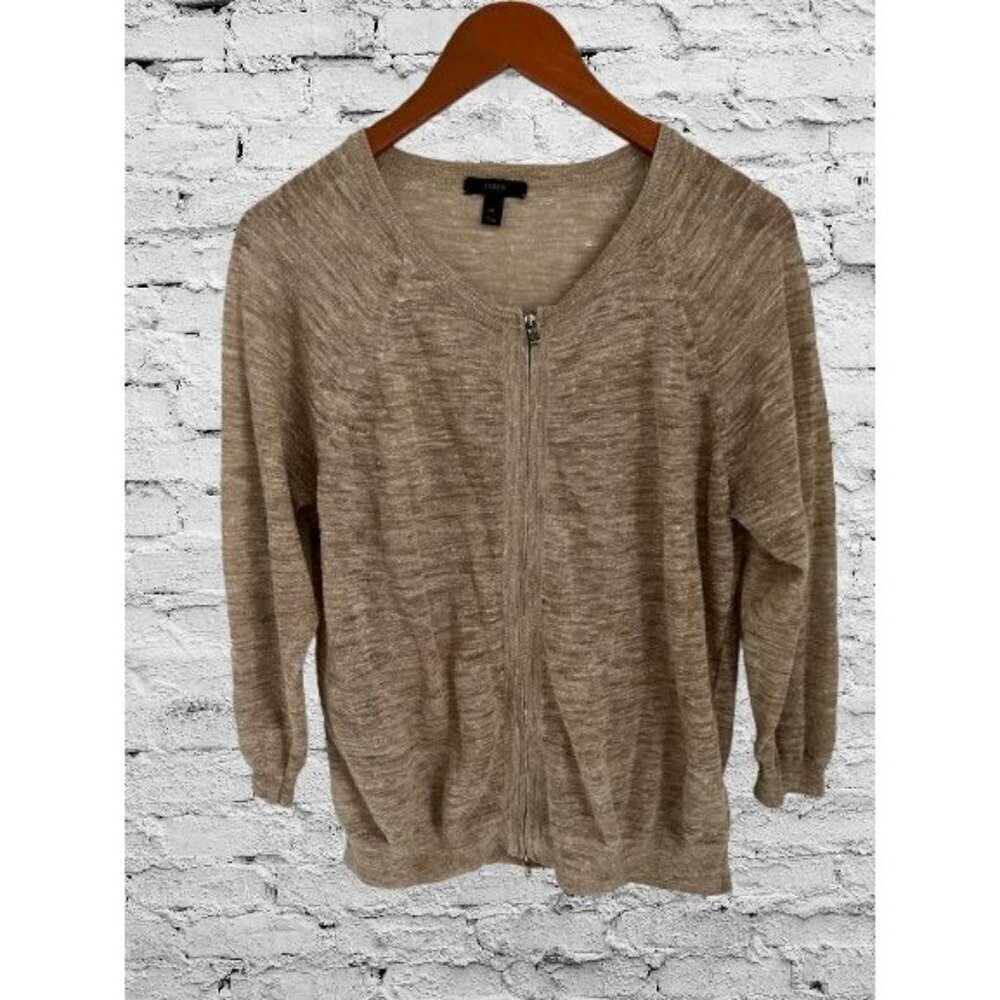 J.Crew Womens Linen Tan Zip-Up Cardigan Sweater M Lightweight Heather Beige